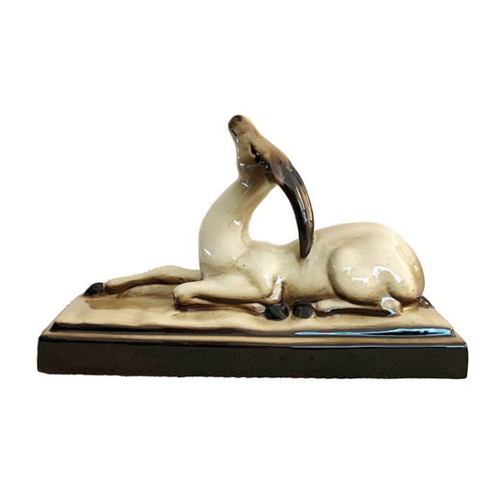 Image 1 of Art Deco Statuette – Glazed Ceramic Antelope of Saint Radegonde