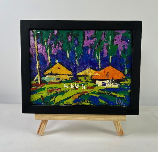 Original Oil Painting Summer Village Landscape Sky with peace over the sleeping earth