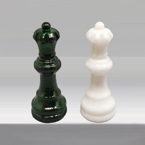 Image 1 of 1970s Italian Volterra Alabaster Chess Set in Rare Forest Green and White