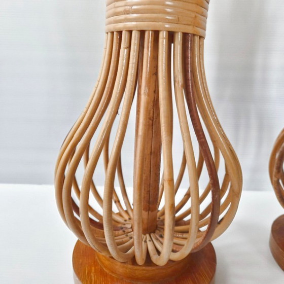 Image 1 of PAIR OF VINTAGE 1960S TABLE LAMPS IN RATTAN & BEECH 60S 1960S 1960s