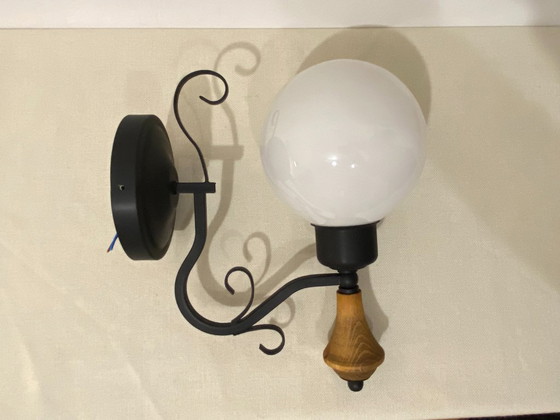 Vintage Opal Glass Globe Wall Lamp with Wood Detail, 1970s, Wall lights, Metal, Black (photo 11 of 16)