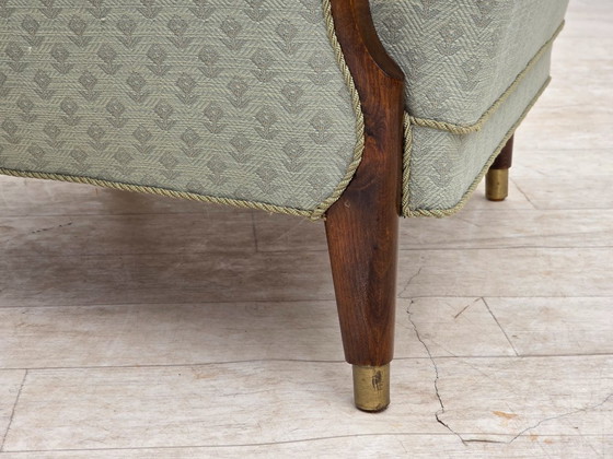 Image 1 of Deense fauteuil uit de jaren 60, lichtblauwe meubelstof, beukenhout.