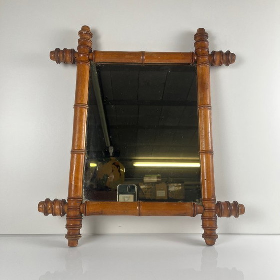 Image 1 of Espejo de madera torneada estilo bambú, circa 1900-1930