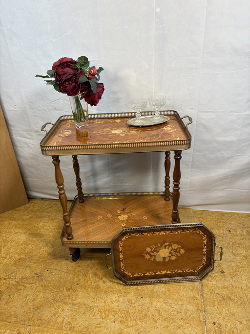 Vintage Italian Inlaid Wood Serving Trolley with Removable Tray Mid-20th Century  A wonderfully elegant piece of mid-century Ita