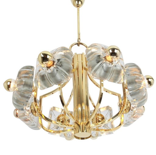 Sische Simon & Schelle chandelier, 8-light, brass, crystal glass, floral design, 1970s