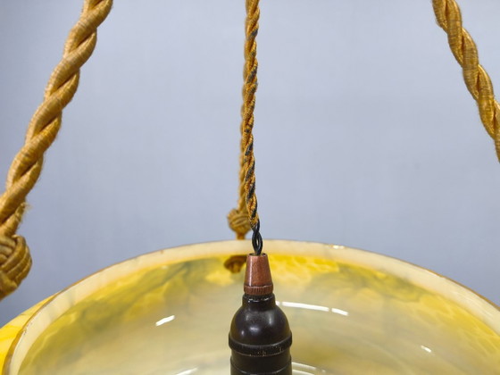 Image 1 of Art Deco hanglamp, gemarmerd glas en messing, jaren 1930