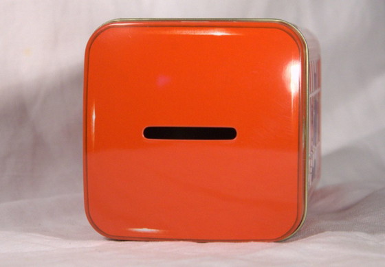 Metal money box in the shape of an English telephone box, formerly a Churchill's Jelly Beans candy tin, (photo 6 of 6)