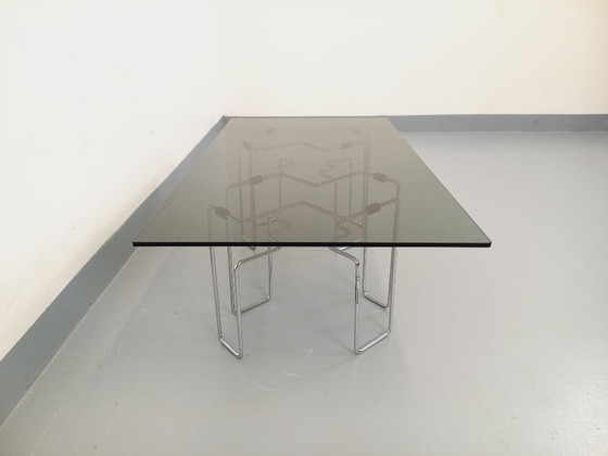 Image 1 of Vintage Space Age rectangular coffee table in smoked glass and chrome metal from the 1970s