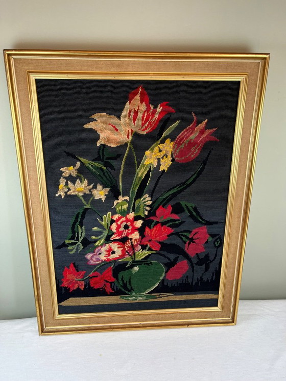 Tapisserie vintage bouquet de fleurs, Objets d'art, Textile, Bois, Noir (photo 2 sur 6)