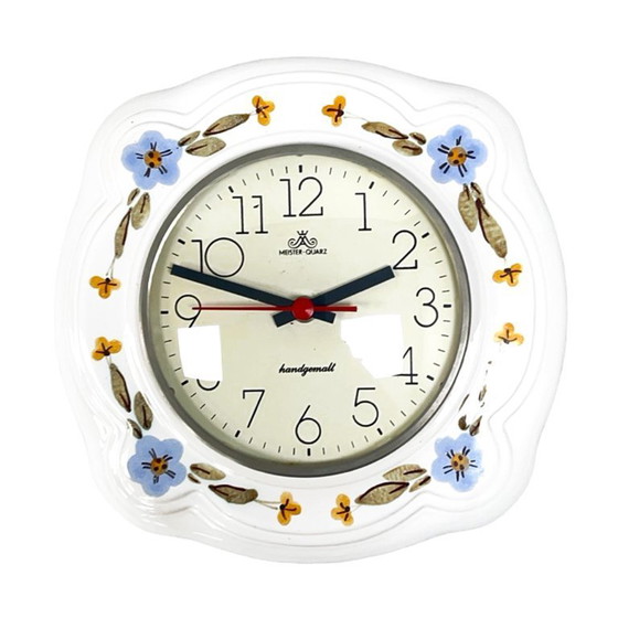 Image 1 of Reloj de pared de cerámica Meister-Quarz - Pintado a mano, motivos florales, Alemania, años 70/80
