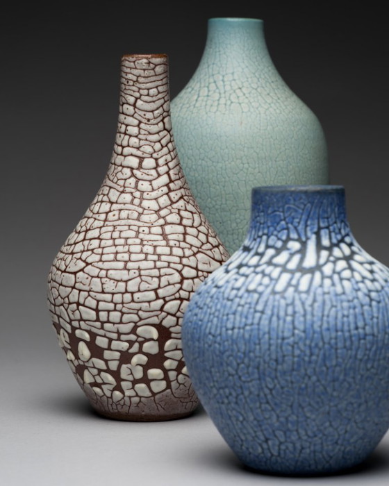 Image 1 of ALBERT KIESSLING "SNAKESKIN" Vase TRIO East German Pottery REDUKTIONSGLASUR GDR