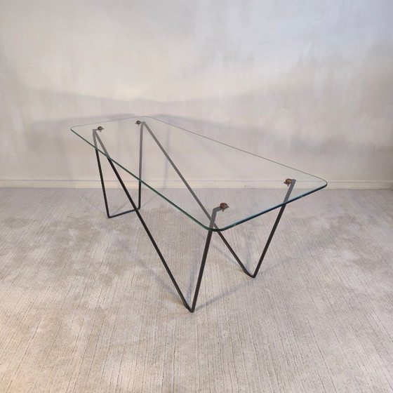 Image 1 of 😍 Stunning AIRBORNE asymmetrical coffee table, 1950s style, glass and lacquered metal, Made in Montreuil 😍