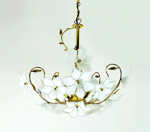 Vintage Murano Glass Flowers Chandelier White Flowers Gold Metal 1970S 80S Floral Light Fixture