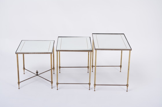 Image 1 of Hollywood Regency Brass and Glass Nesting Tables in the Style of Maison Jansen, Set of 3