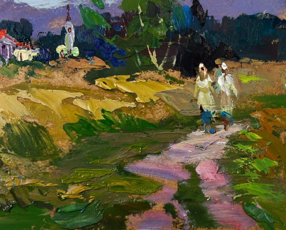 Image 1 of Original Oil Painting Summer Field Landscape Quiet Village In The Endless Expanses