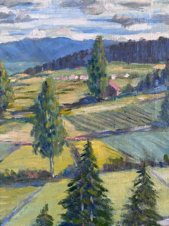Image 1 of Peinture à l'huile originale vintage représentant un paysage champêtre.