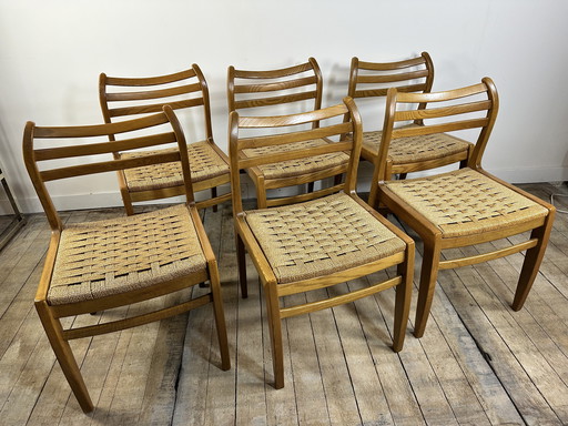 Blond teakhout en touw Deense stoelen (set van 6) 1970's