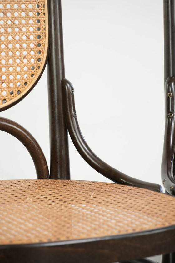 Image 1 of 6x Original vintage Thonet Long John chair with a high back, webbing seat and backrest, and gracefully curved wood