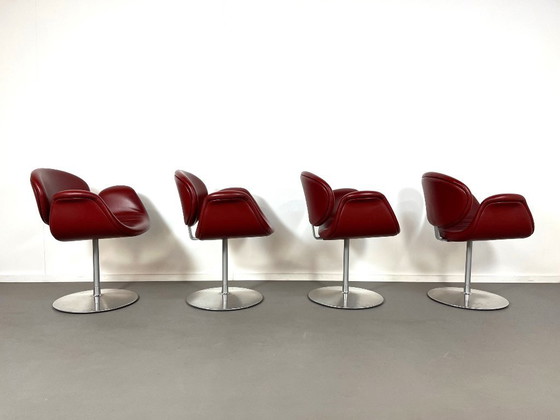 Image 1 of Four small tulip-shaped dining chairs in burgundy leather, designed by Pierre Paulin for Artifort in the 1990s.