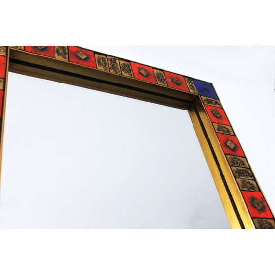 Image 1 of Square vintage mirror in gilded brass and glazed ceramic, 1970