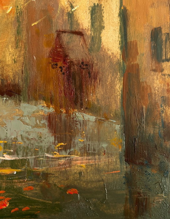 Image 1 of Original Oil Painting Autumn City Landscape Streets in autumn leaves