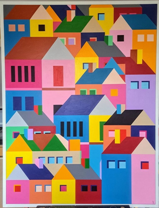 Abstract cityscape "Lost City" - colorful painting on MDF by Franklin van Dam (85 cm x 111 cm)