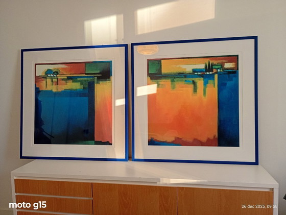 Image 1 of 2 grote kleurrijke zeefdrukken van Maria Megens.