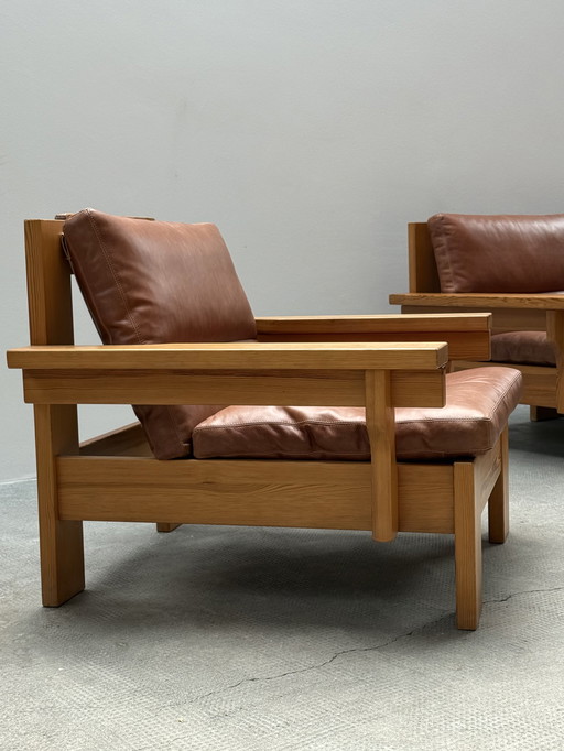 MODULAR SESSEL SOFA SER KIEFERN HOLZ MASSIV COGNAC LEDER IM KARIN MOBRING STIL, SKANDINAVIEN 1970er