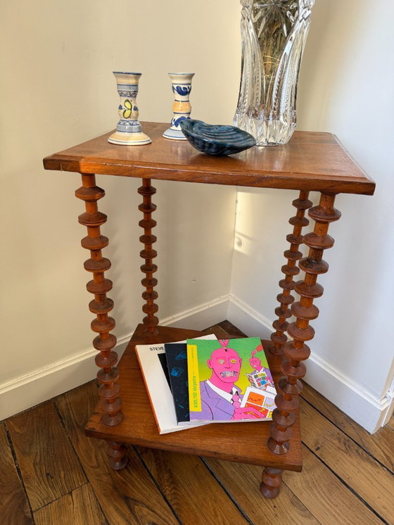 Image 1 of Table d'appoint / sellette en bois art déco étagère bobines années 50