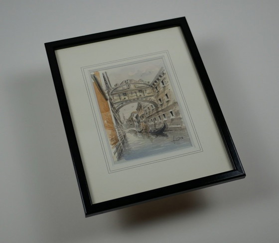 Image 1 of The Bridge of Sighs, Venice - Watercolor drawing dated 1990, signed and framed