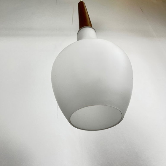 Image 1 of Scandinavian opaline and teak pendant light, midcentury modern