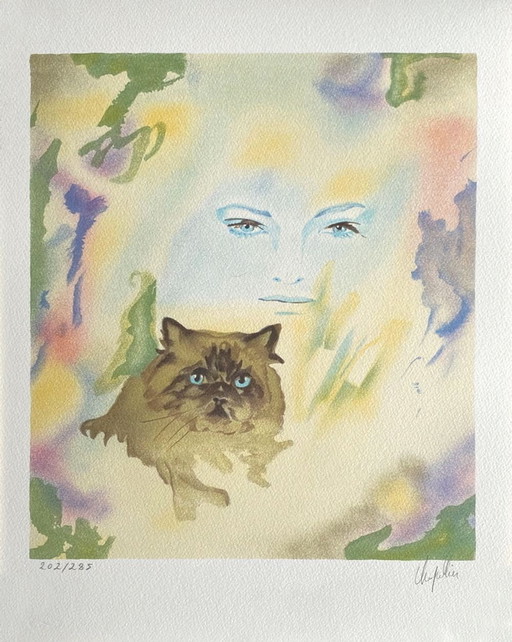 Cécile Chapellier, Young Woman with a Small Dog, Signed Lithograph, 1990