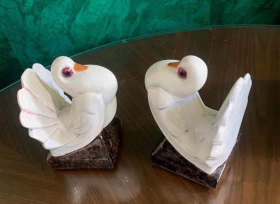 Een paar Art Deco "Duif"-boekensteunen van gebarsten keramiek – Cloda Mano (Gabriel Fourmaintraux voor (photo 2 of 8)