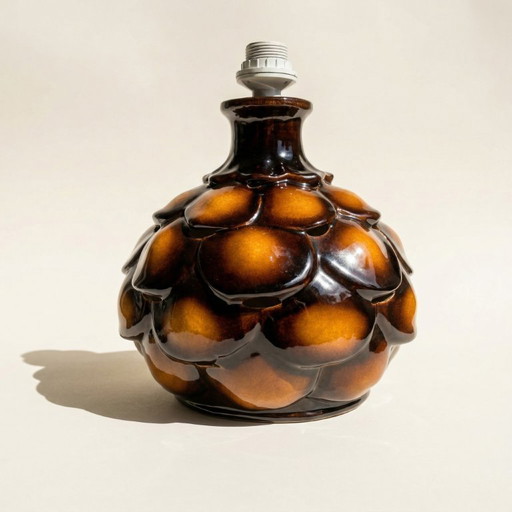 Large ceramic table lamp in "scale" pattern, 1970, double bulbs