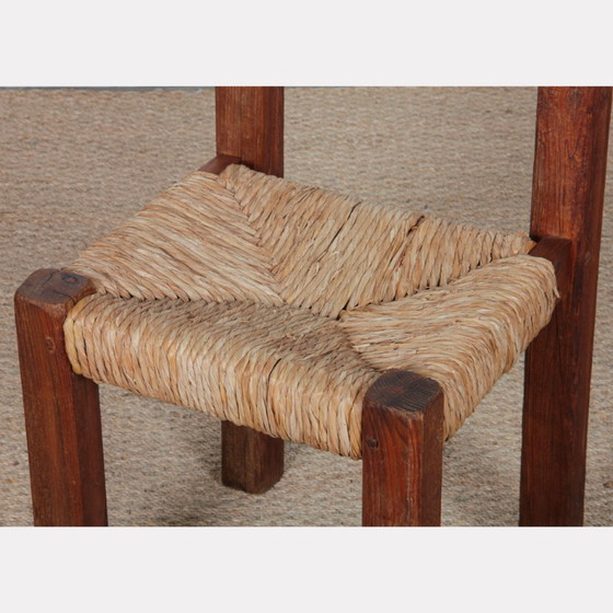 Image 1 of Stoel van massief hout met rieten zitting, Frans vakmanschap, 1950