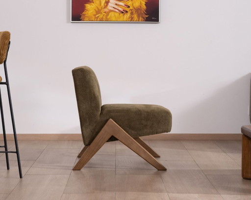 Fauteuil scandinave kaki pieds boomerang - Neuf