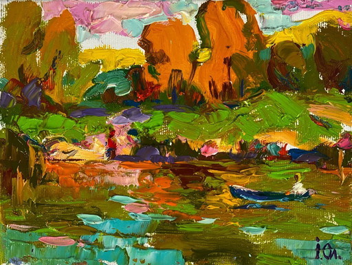 Original Oil Painting Nature Landscape Forest Sunny River Bank