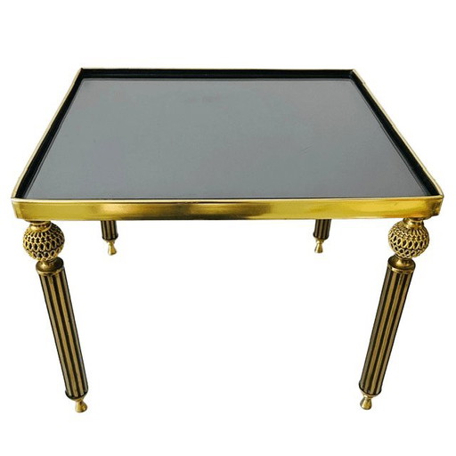 Table d'appoint vintage en laiton, verre fumé noir, style Hollywood Regency, années 1960