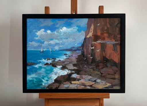Original Oil Painting Coastal Rock Landscape Sailing towards a dream