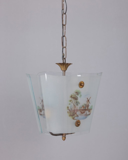 VINTAGE 1950S CHANDELIER IN DECORATED GLASS, ITALIAN DESIGN