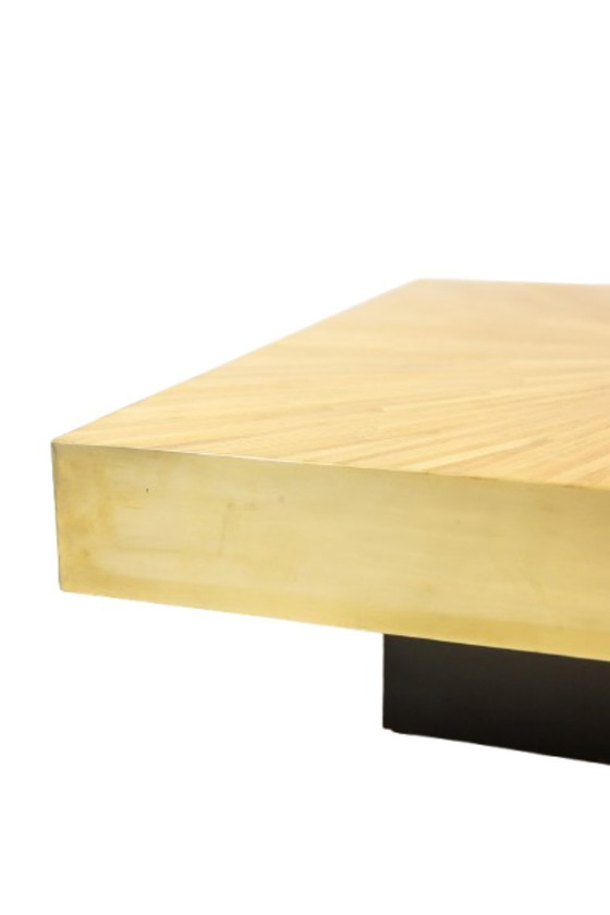 Image 1 of Tavolino da caffè in intarsio di paglia e ottone. Contemporaneo