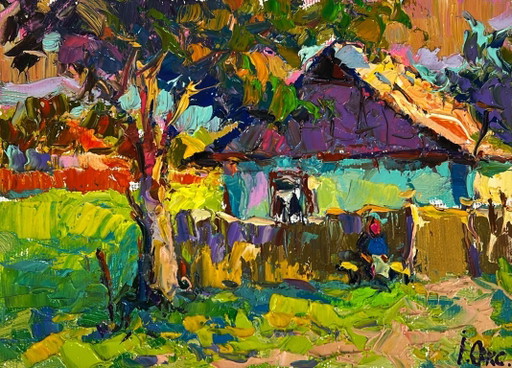 Peinture à l'huile originale, paysage champêtre, jardin d'été, maison au crépuscule