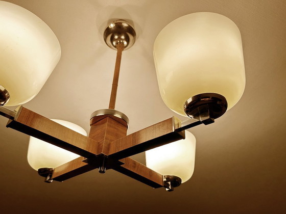 Image 1 of Lampe pendante Art Déco en bois et verre chromé