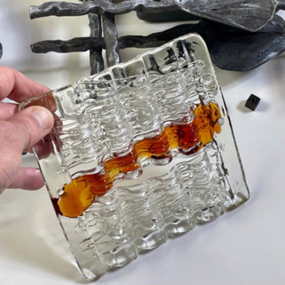 Image 1 of Pair of Brutalist wall sconces – Hand-Forged iron with Artistic glass – Italy 1960s–70s