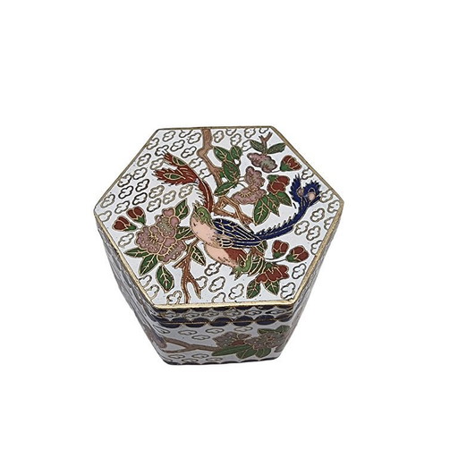 Sechseckige Cloisonné-Schmuckschatulle mit Vogelmotiv