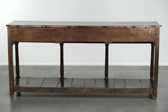 Very beautiful 18th-century English double-based dresser made of oak with beautiful colors and a timeless (photo 5 of 15)