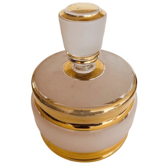 Image 1 of Art Decó polvera de cristal dorado rosa joyero años 50