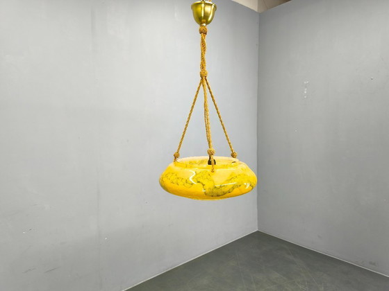 Image 1 of Art Deco hanglamp, gemarmerd glas en messing, jaren 1930