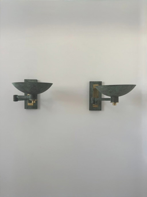 Set van twee vintage verstelbare messing wandlampen met groene bronzen patina, Frankrijk, 1970 – Brass