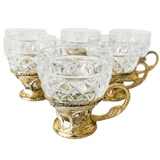 Vintage set glazen koffiekopjes in gouden kunststof houder 1970's